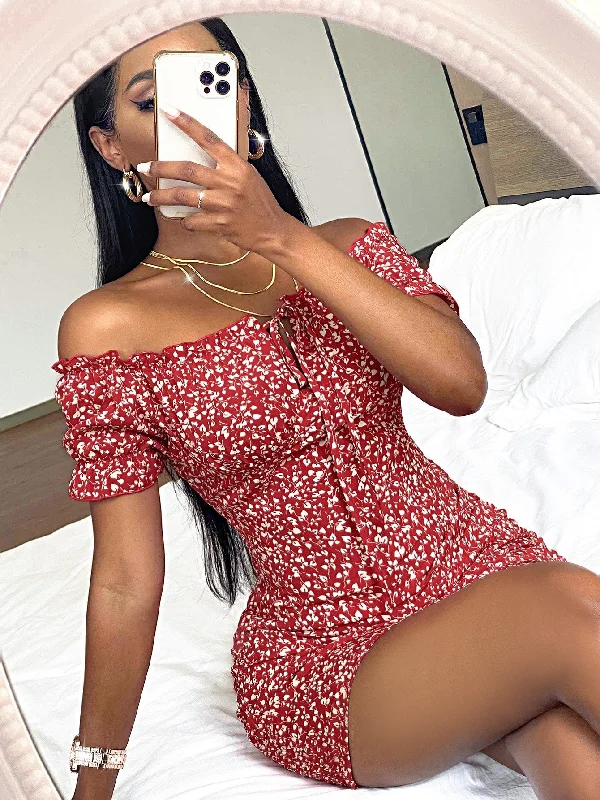 All Over Print Tie Front Short Sleeve Off The Shoulder Pencil Natural Short Dress