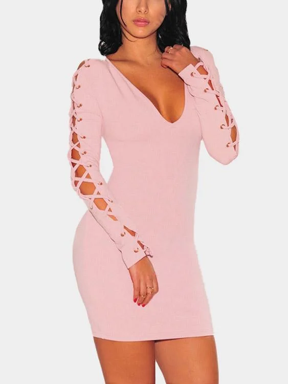 Wholesale Pink V-Neck Long Sleeve Lace-Up Mini Dress