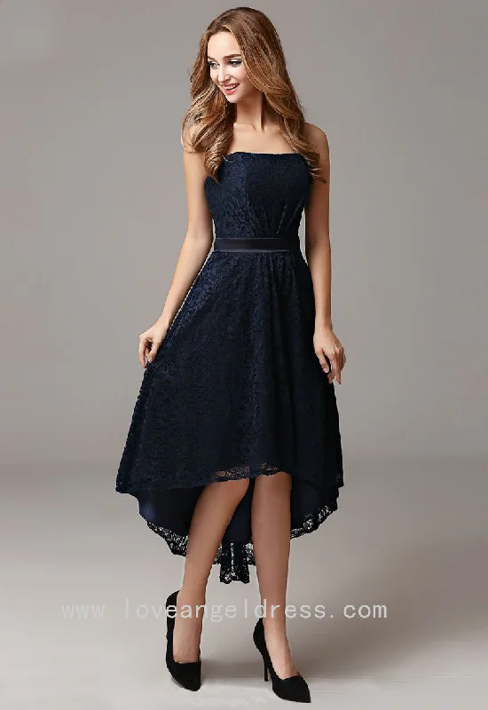 Strapless Lace Dark Navy High Low Prom Gown Dress Backless