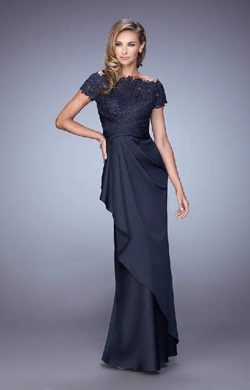 La Femme - Lace Ruched Ruffled Accented Evening Dress 21620SC - 2 Pcs. Silver In size 4 and 18 Available