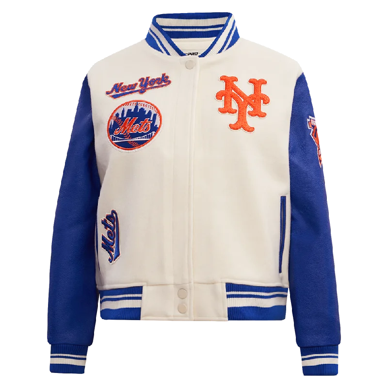 MLB NEW YORK METS RETRO CLASSIC WOMEN'S RIB WOOL VARSITY JACKET (EGGSHELL/ROYAL BLUE)