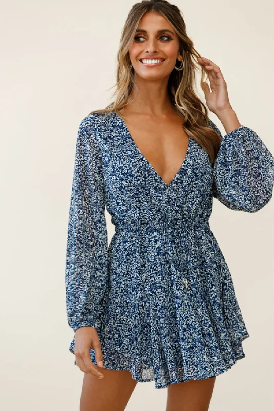 Marlene Long Sleeve Drawstring Waist Dress Floral Print Navy