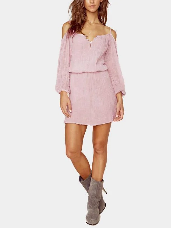 Wholesale Pink V-Neck 3/4 Length Sleeve Mini Dress