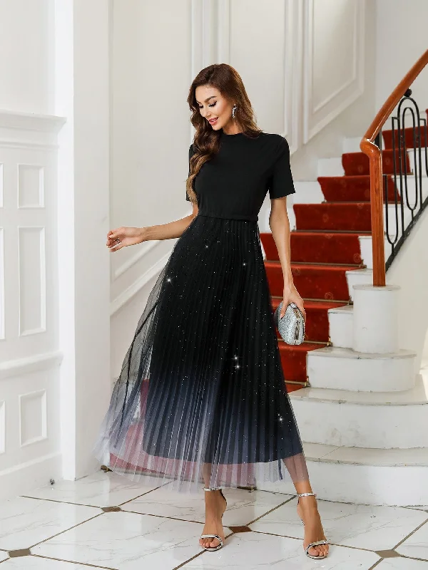 Glamorous Ombre Pleated Short Sleeve Stand Collar Pleated High Waist Long Dress