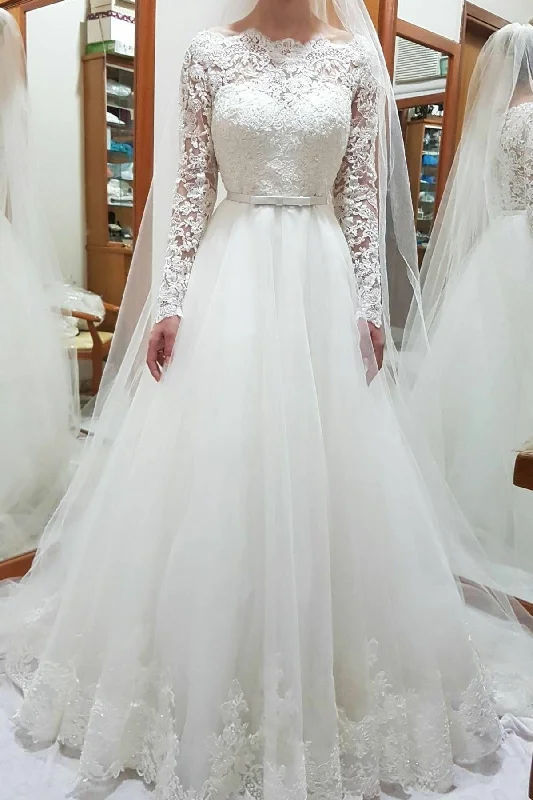 Bateau Lace and Tulle Wedding Gown Dress Long Sleeves