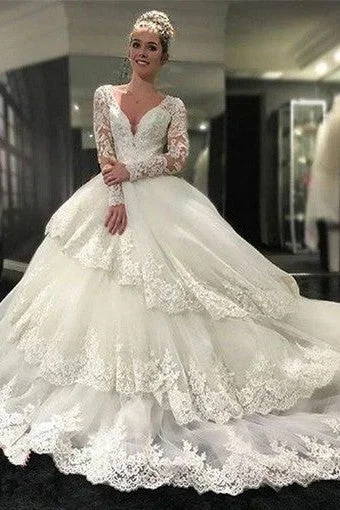 Royal Court Princess Ball Gown Wedding Dress with Long Lace Sleeves