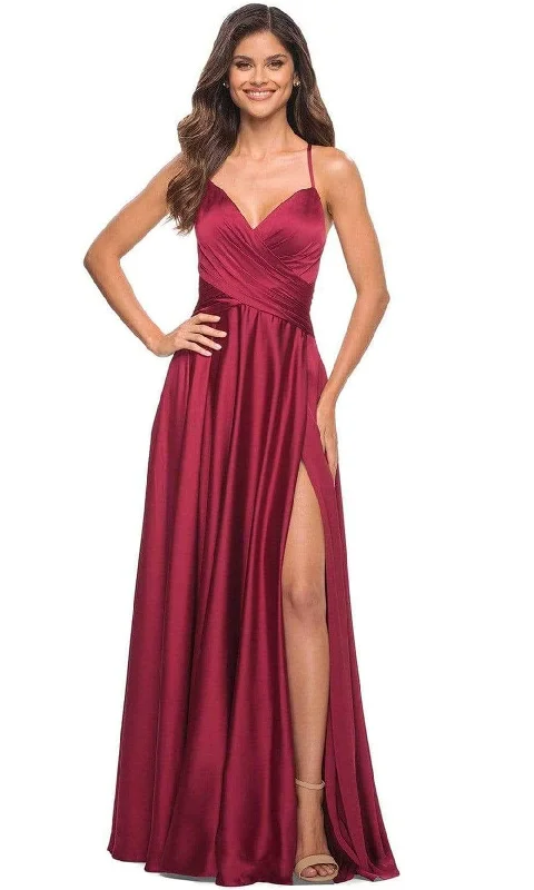 La Femme - 30512 V-Neck High Slit Satin Dress