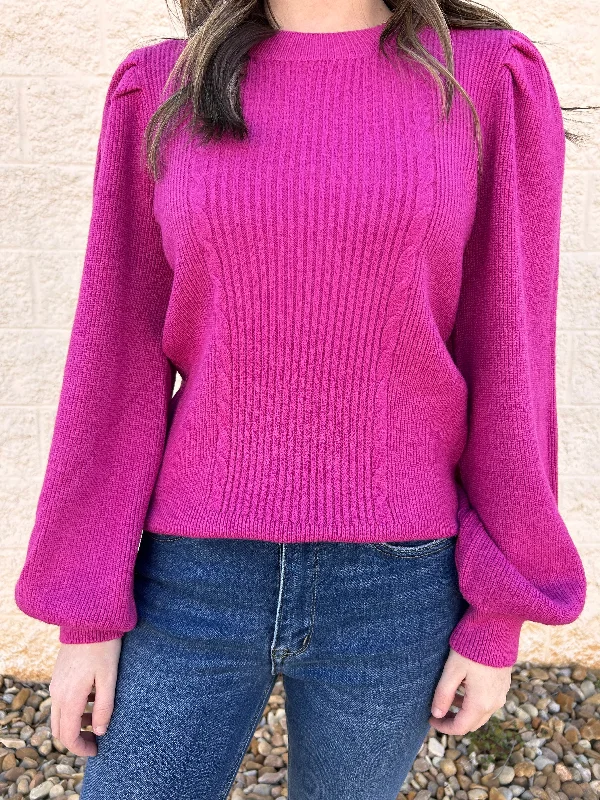 Anya Magenta Ribbed Puff Sleeve Sweater