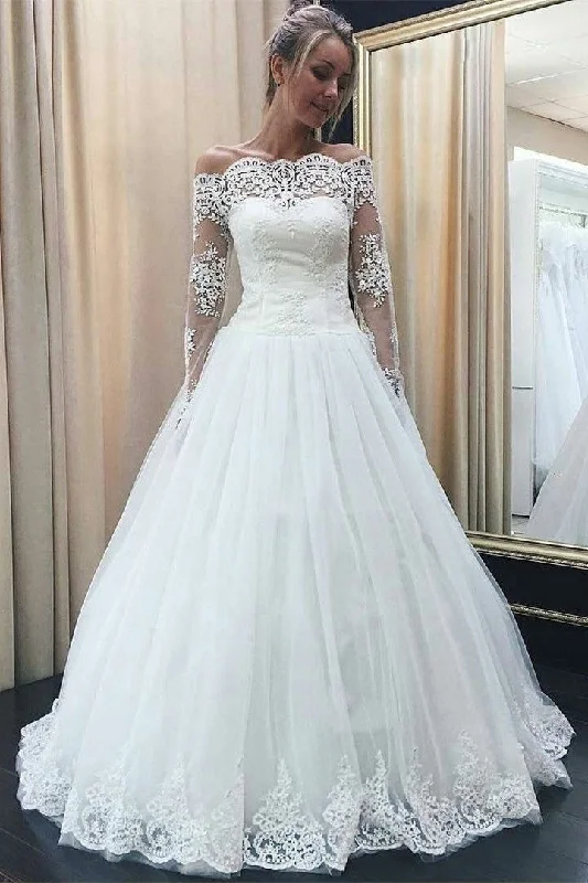 Sheer Lace Long Sleeves Wedding Dresses with Buttons Back