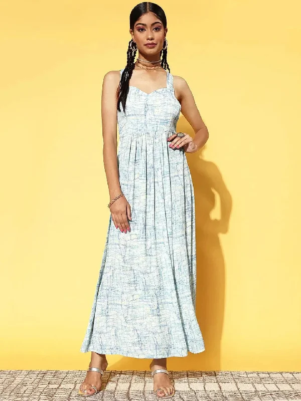 Off White Printed Georgette Fit and Flare Dress