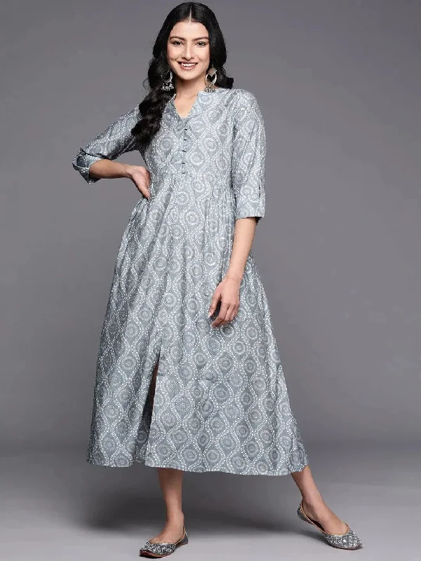 Grey Printed Silk Fit and Flare Dress