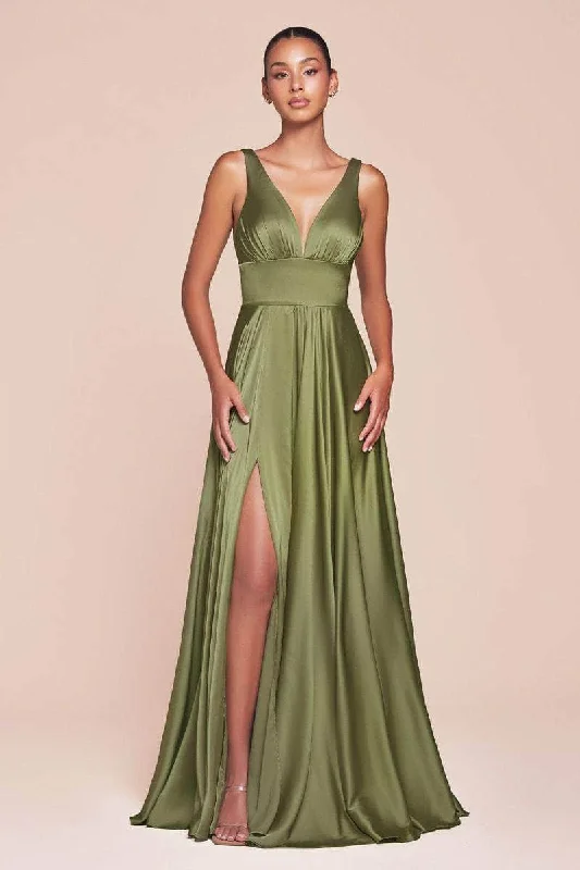 Cinderella Divine - 7469 Satin V-Neck A-Line Dress with Slit