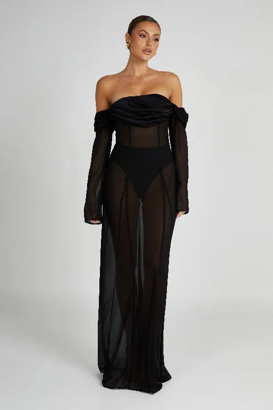 Ivanna Off Shoulder Chiffon Maxi Dress - Black