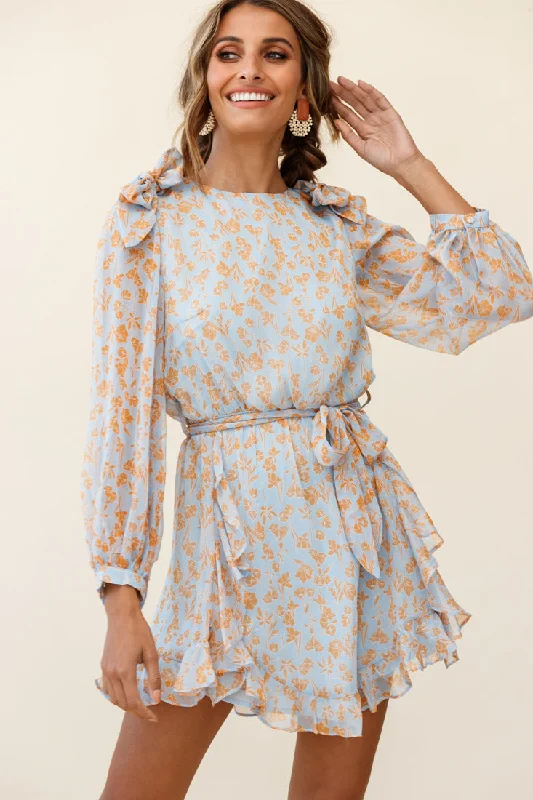 Leigh Long Sleeve Waist Tie Dress Floral Print Blue/Orange