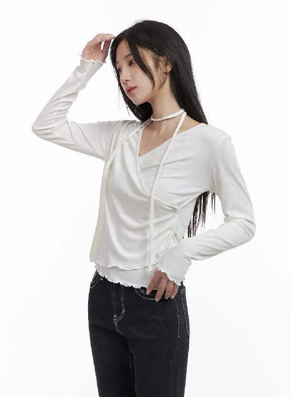 Elegant Buttoned Wrap Long Sleeve Top CS430