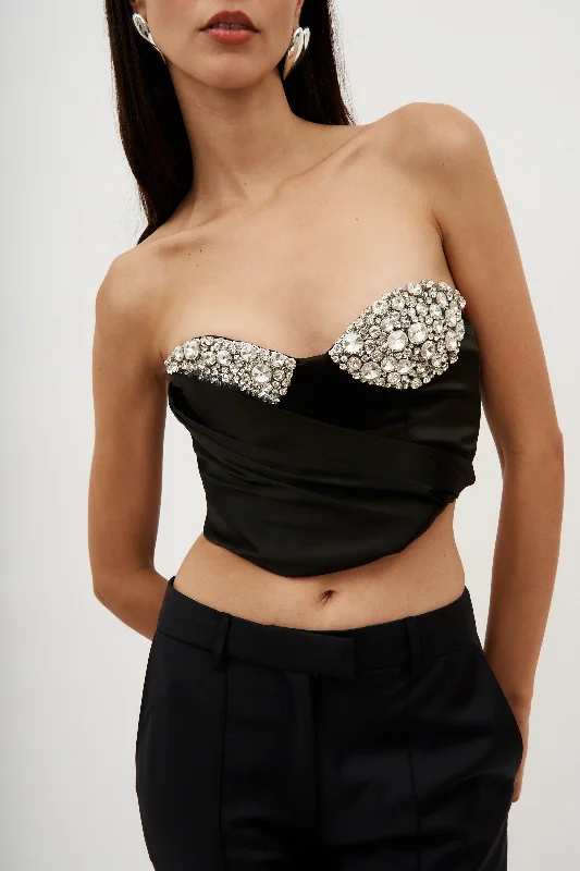 Embroidered Crystal Cup Draped Black Bustier