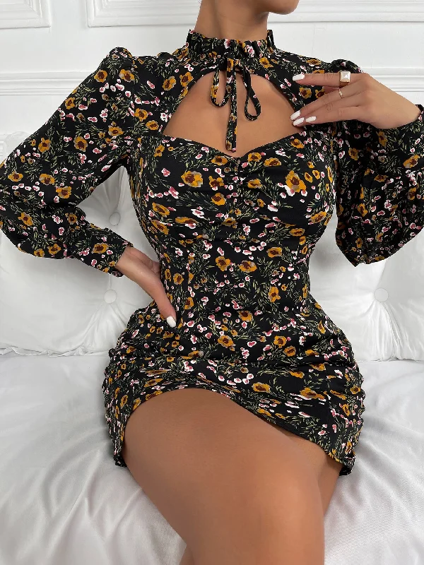 Ditsy Floral Knot Long Sleeve Stand Collar Pencil Natural Short Dress