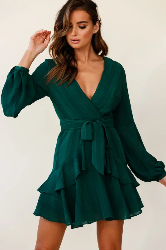 Kerry Layered Balloon Sleeve Dress Stripe Green