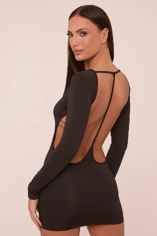 Black Cut Out Back Long Sleeve Long Sleeves Mini Dress - Zivah