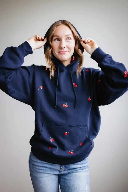 1897 Active All Over Print Cherry Embroidered Hoodie for Women in Navy | JT031-DEEPNAVY