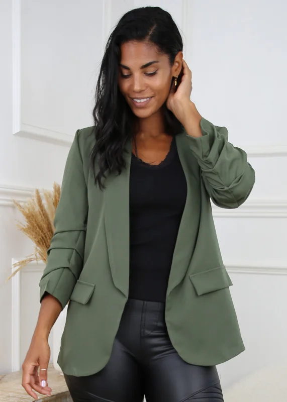 Merrill Khaki Gathered Sleeve Blazer