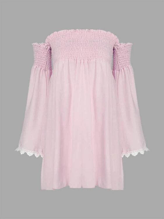 Wholesale Pink Off The Shoulder Long Sleeve Crochet Lace Embellished Mini Dress