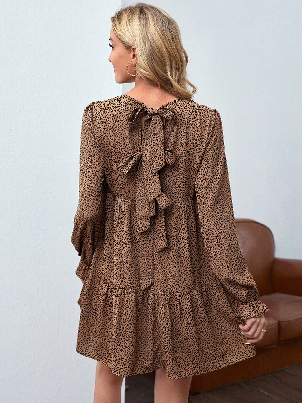 Leopard Tie Back Long Sleeve Round Neck Flounce High Waist Short Dress