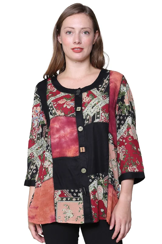 La Cera Black and Red Patchwork Top