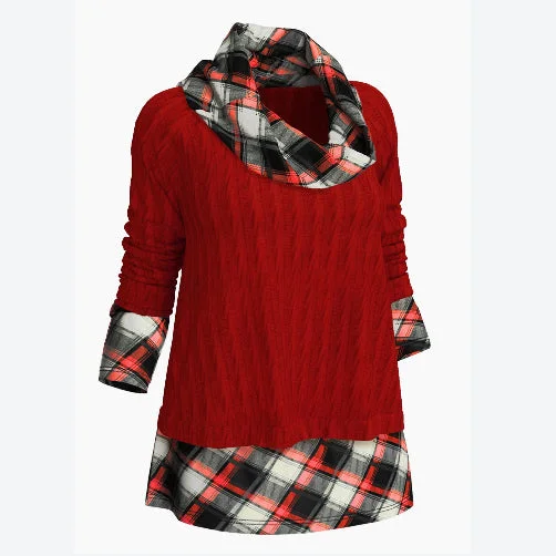 Fashion Pile Collar Plaid Splicing Knit Pullover Loose Long Sleeve Sweater Wholesale