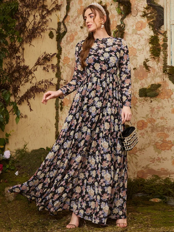 All Over Print Zipper Long Sleeve Round Neck Flared High Waist Maxi Dress