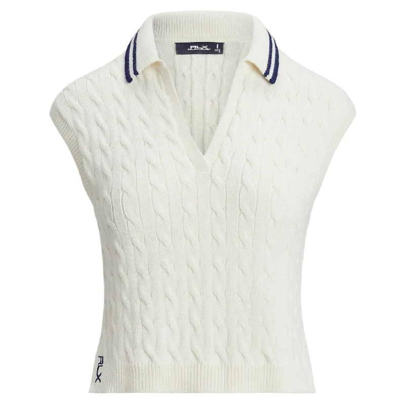 Womens RLX SL Cable Knit V-Neck Polo White Splash/Refined Navy - SS25