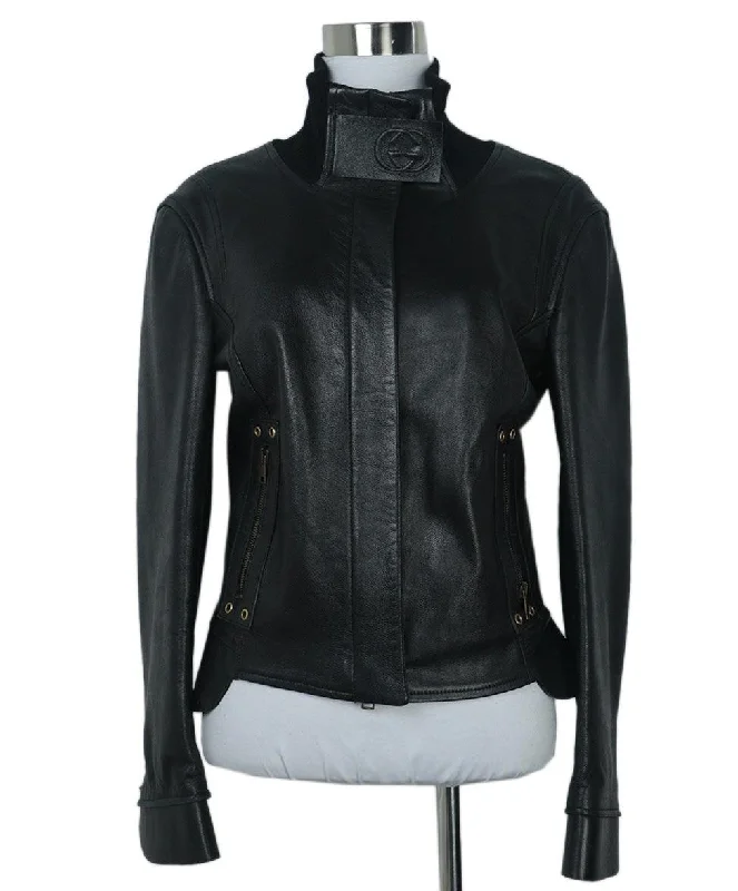 Gucci Black Leather Jacket w/ Knit Collar sz 2