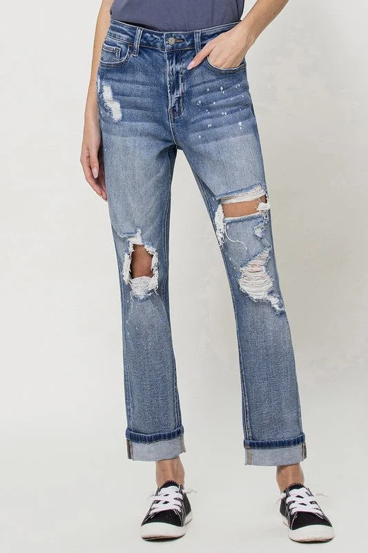 Stretch Mom Jeans w/ Spatter Detail and Cuff