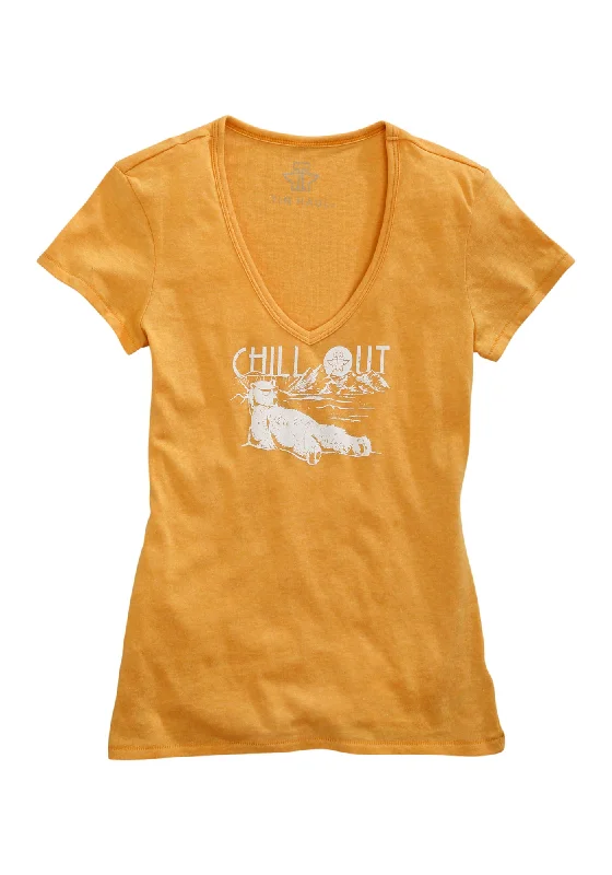 Tin Haul Womens Polar Bear Chill Out Golden Yellow Cotton Blend S/S T-Shirt