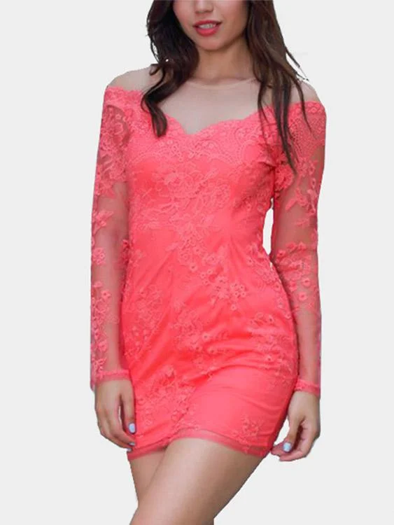 Wholesale Orange Round Neck Long Sleeve Embroidered Lace Hollow Mini Dress