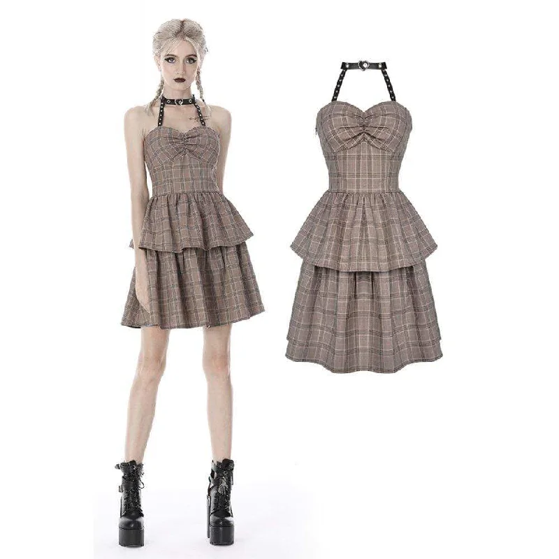 Women's Punk Checked Layered Halter Prom Dresses