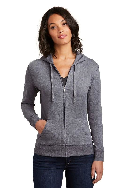 District Womens Full Zip Hooded Sweatshirt Hoodie w/ Pockets - Heather Dark Grey