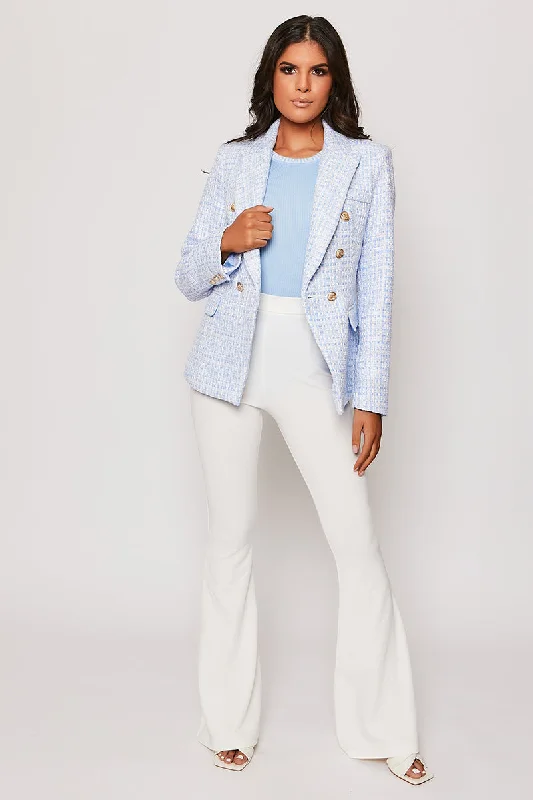 Claudette - Blue Contrast Knit Thread Gold Button Blazer