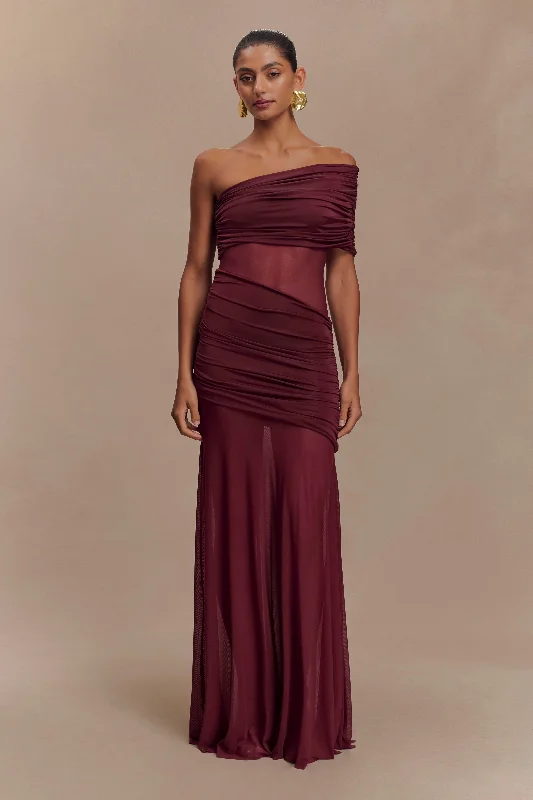 Dallas One Shoulder Mesh Maxi Dress - Burgundy