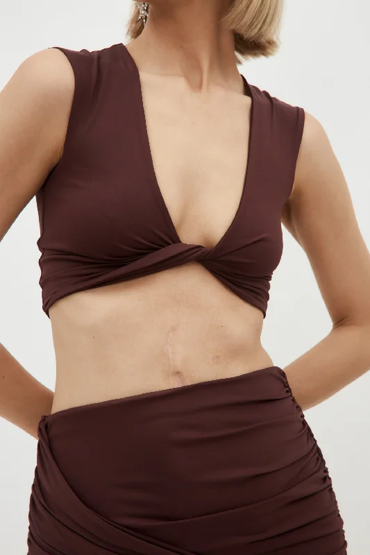 V Neck Burgundy Twist Swim Top