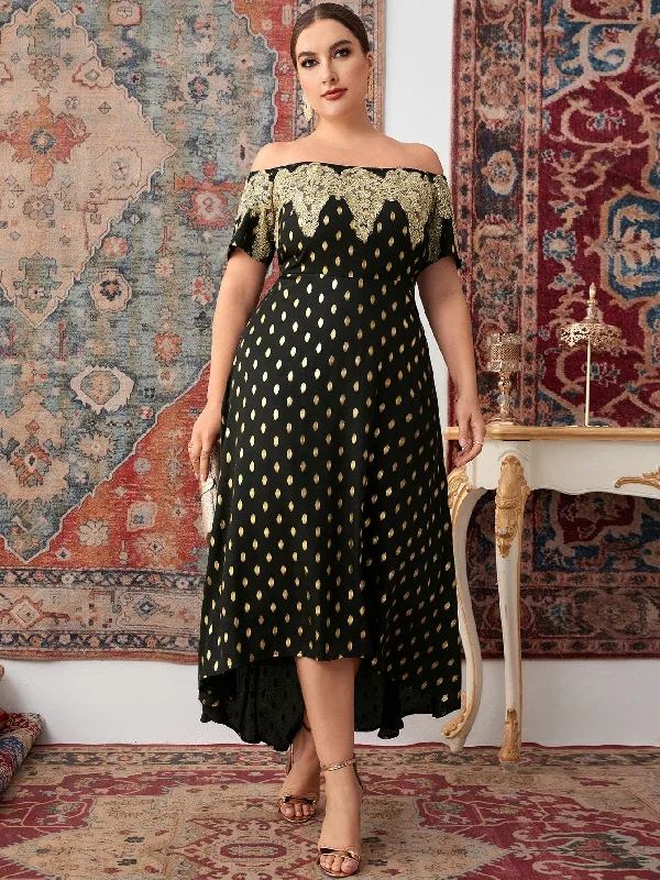 Glamorous All Over Print Short Sleeve Off The Shoulder Asymmetrical High Waist Long Plus Size Dress