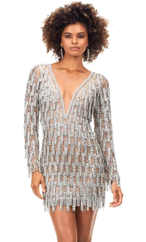 Ashley Lauren 4569 - Long Sleeve Embellished Fringe Dress