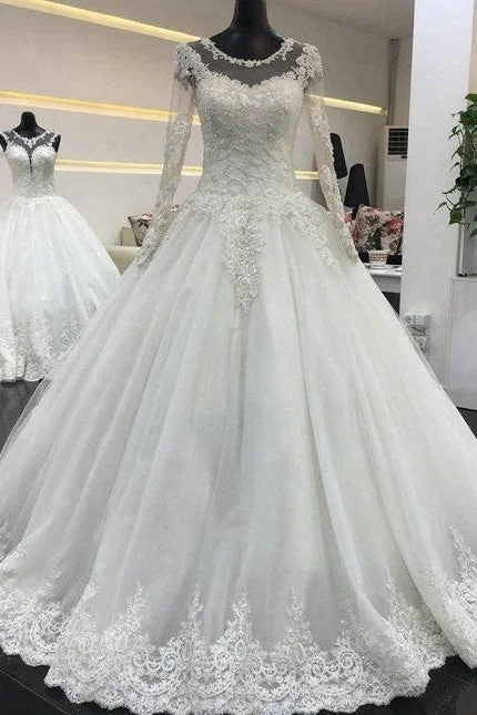 Beaded Lace Long Sleeves Wedding Dresses Tulle Skirt