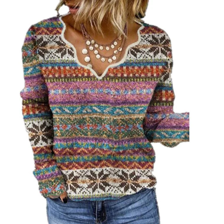 Casual Loose Printed V-Neck Tops Long Sleeves Wavy Wholesale Sweater Vendors