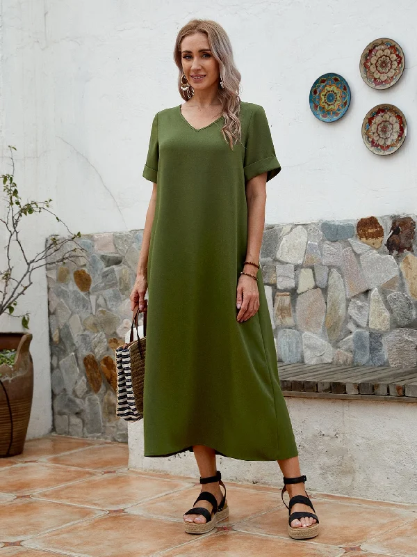 Casual Plain Short Sleeve V Neck Straight Natural Long Dress