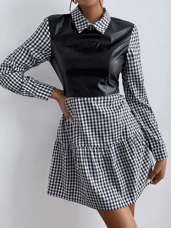 Gingham Zipper Long Sleeve Collar Flounce High Waist Short Dress