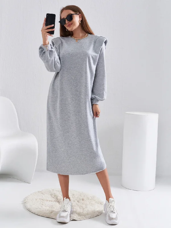 Plain Long Sleeve Round Neck Straight Natural Long Dress