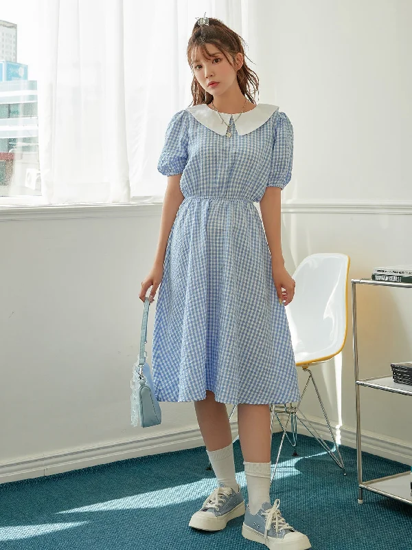 Gingham Contrast Collar Short Sleeve Peter Pan Collar Flared High Waist Midi Dress