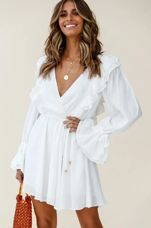 Adina Fluted Long Sleeve Frill Detail Dress White