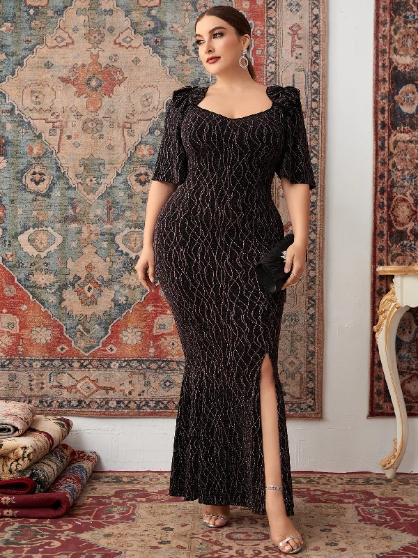 Glamorous All Over Print Split Short Sleeve Scoop Neck Mermaid High Waist Maxi Plus Size Dress